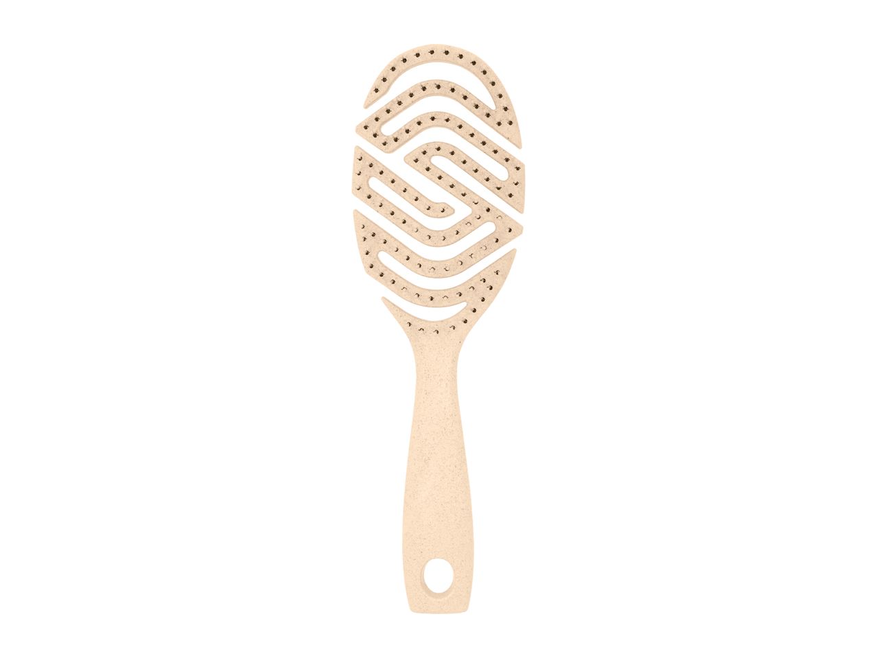 Beige hairbrush with a unique S-shaped bristle pattern on a white background.