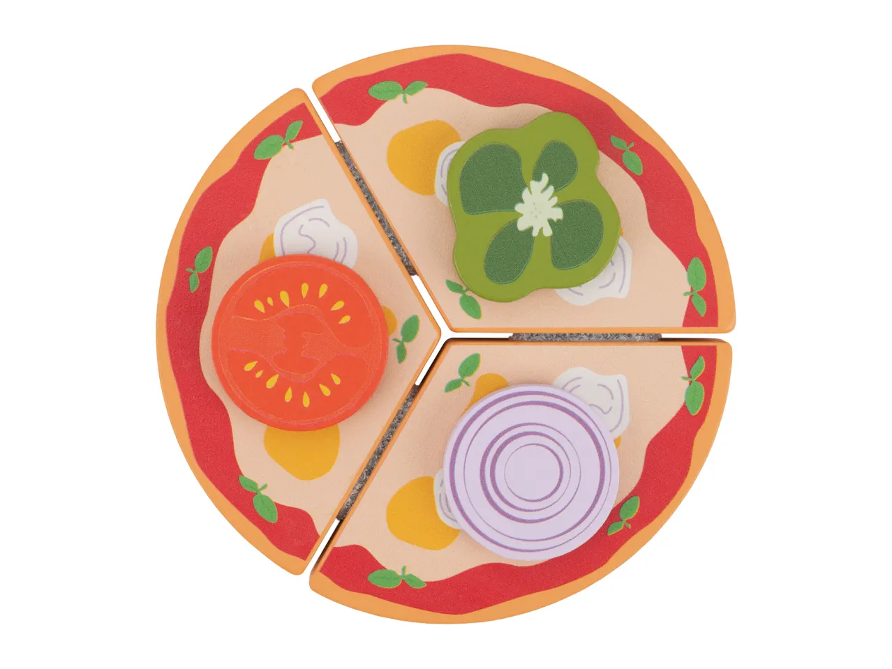 Toy pizza with three slices, each topped with a different vegetable: tomato, bell pepper, and onion.
