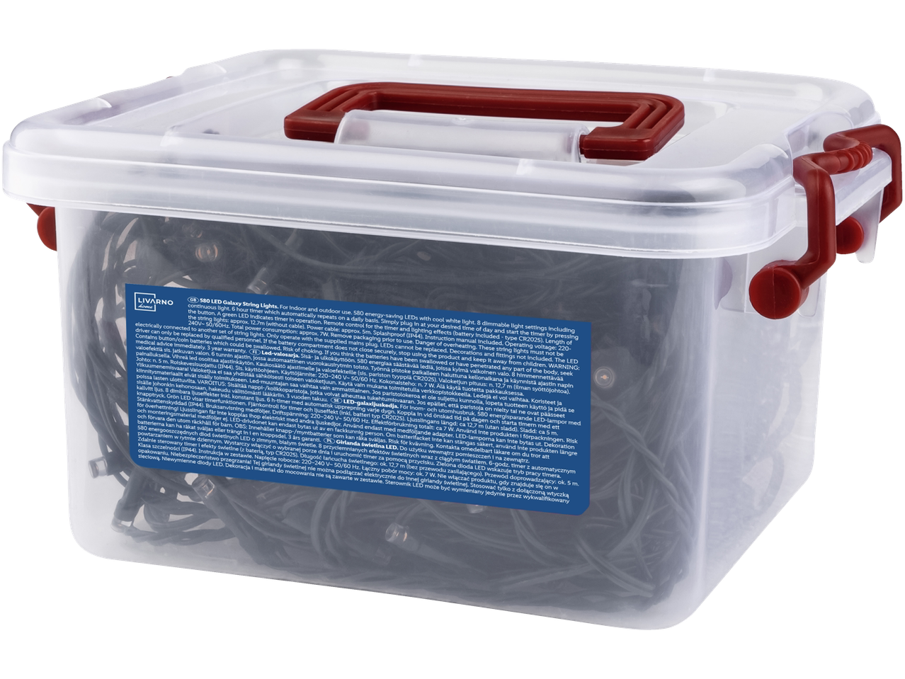 LIVARNO home 580 LED Galaxy valgusketid läbipaistvas punase käepidemega plastkarbis.