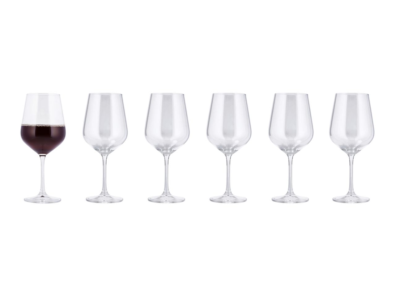 Six wine glasses, one filled with red wine, on a white background.