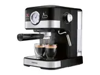 Black and silver espresso machine brewing coffee into two glass cups, with steam rising.