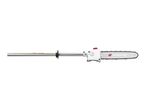 A pole chainsaw with a white cutting head and a silver pole, against a white background.
