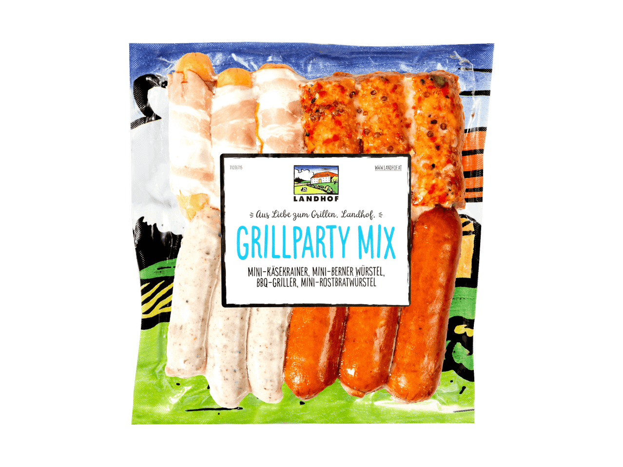 Grillparty-Mix mit Mini-Käsekrainer, Mini-Berner Würstel, BBQ-Griller und Mini-Rostbratwürstel.