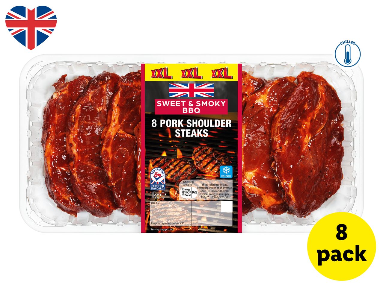 8 Sweet & Smoky BBQ Pork Shoulder Steaks, XXL pack, chilled, 1kg