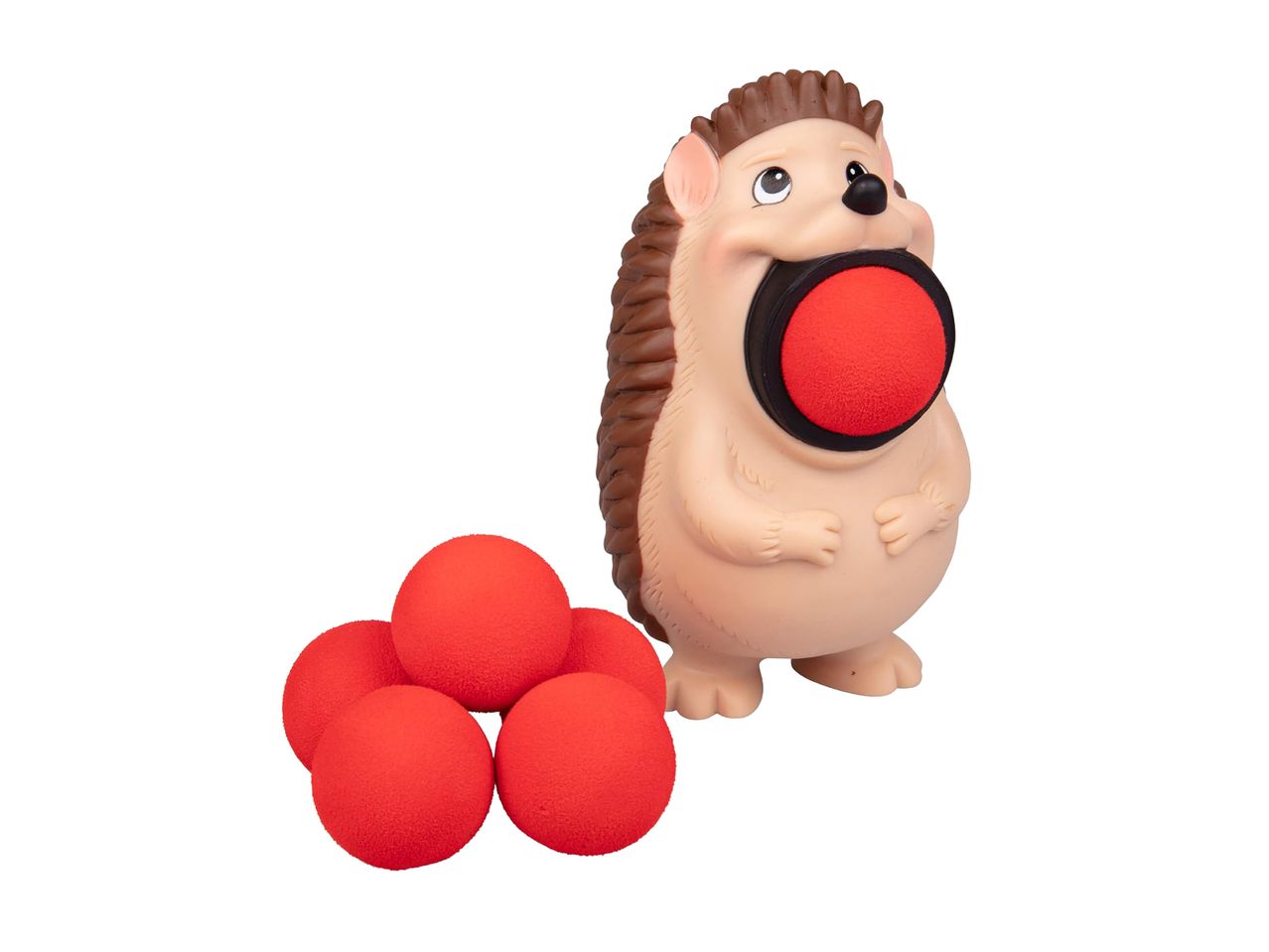 Hedgehog toy with a red ball in its mouth, and four red balls next to it.