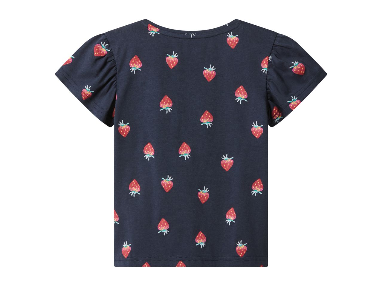 Dark blue short-sleeved top with an all-over strawberry print on the back.