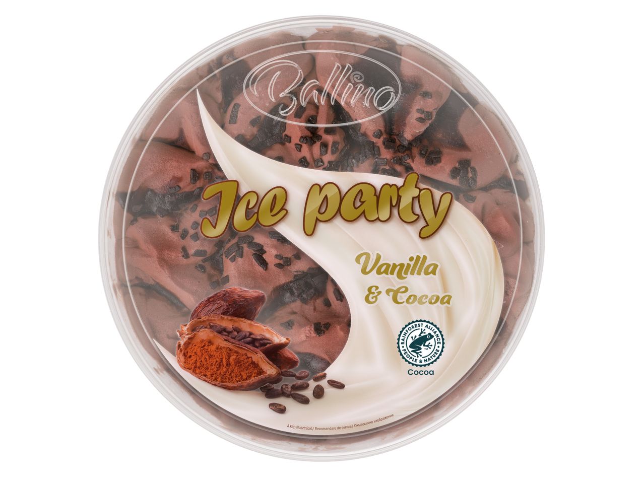 Кръгла опаковка сладолед с вкус на ванилия и какао, с надпис „Ice party“.
