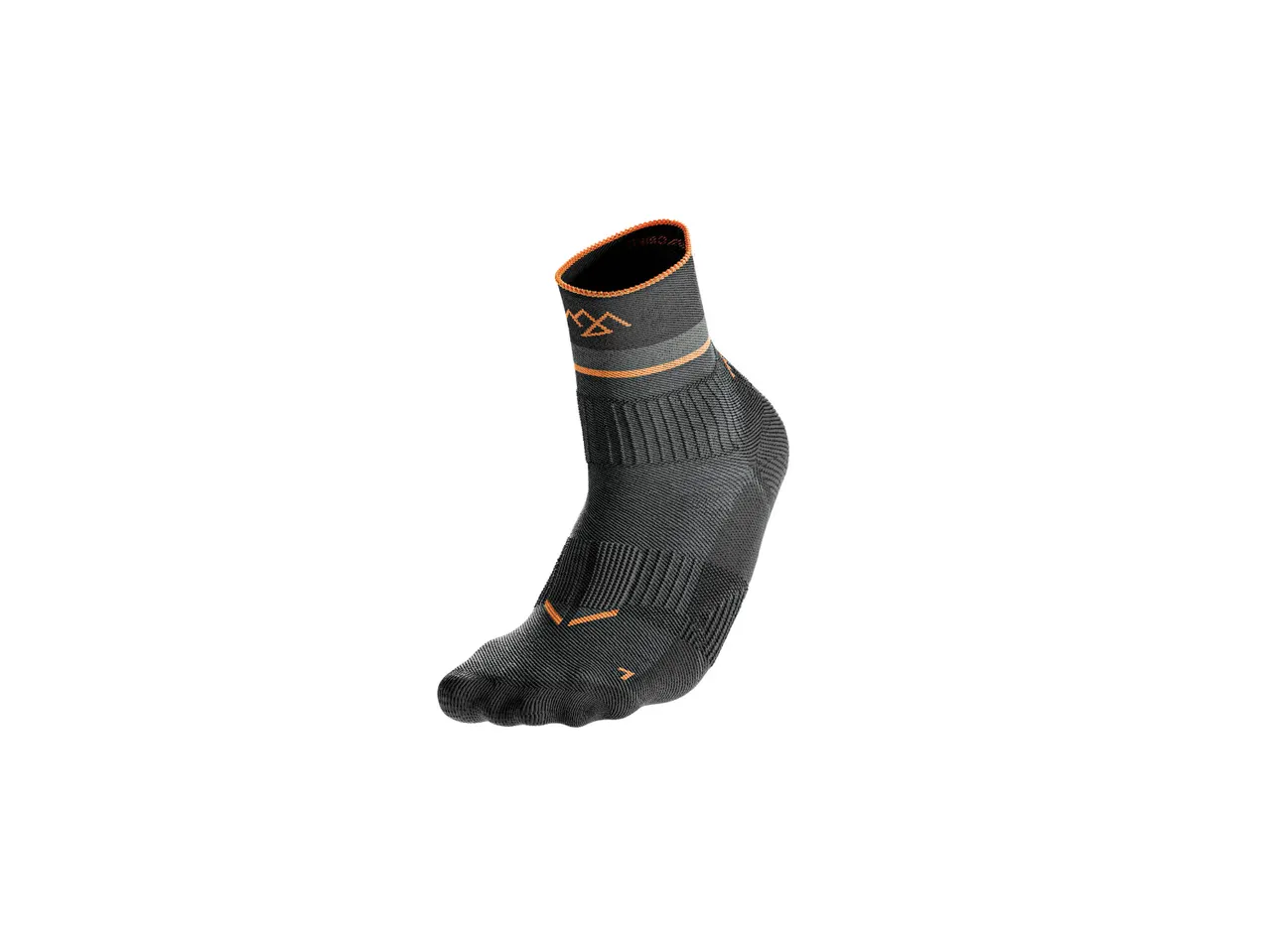 A single black and orange athletic sock with a mountain logo.