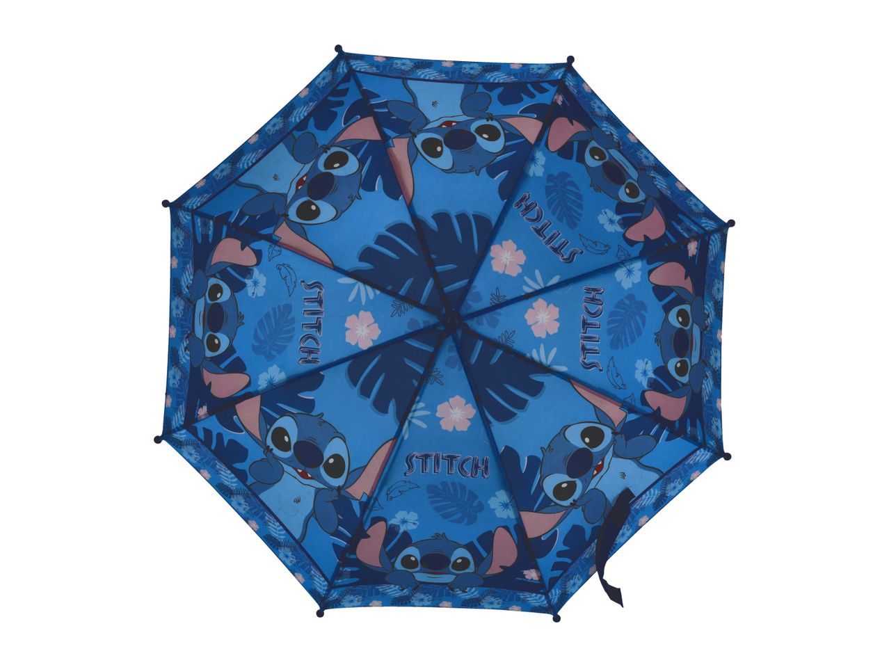 A blue Stitch-themed umbrella with tropical leaf and flower patterns.