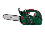 Motorna žaga v zeleni in črni barvi z rdečimi poudarki, z belim rezilom in verigo.