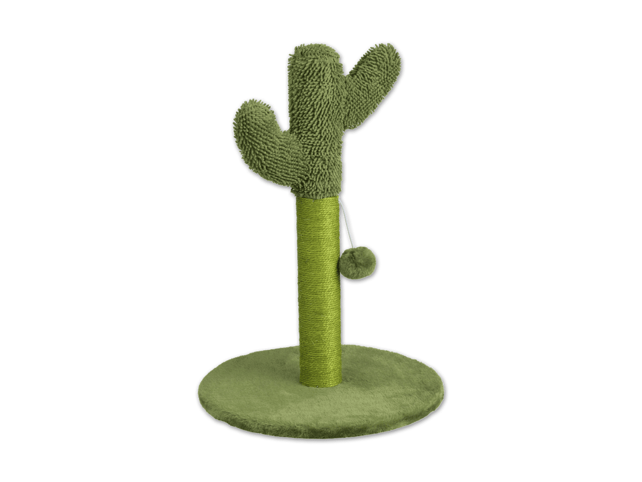 Ein grüner Kaktus-Katzenkratzbaum mit Sisalstamm und flauschigem Pompon.