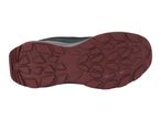 Bottom view of a dark red and black athletic shoe with a textured sole.
