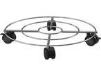 Supporto per piante rotondo in metallo cromato con ruote nere.