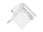 Clear plastic corner connector for LED strip lights, with a small hole for mounting.