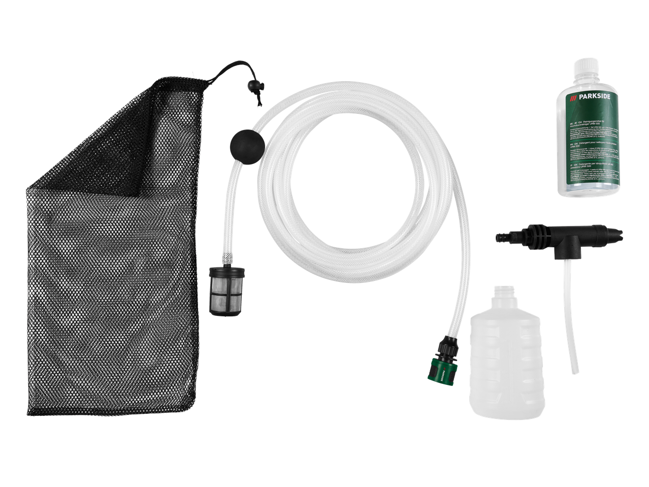 Аксесоари за акумулаторна водоструйка PARKSIDE: маркуч, филтър, бутилка за препарат и мрежеста чанта.