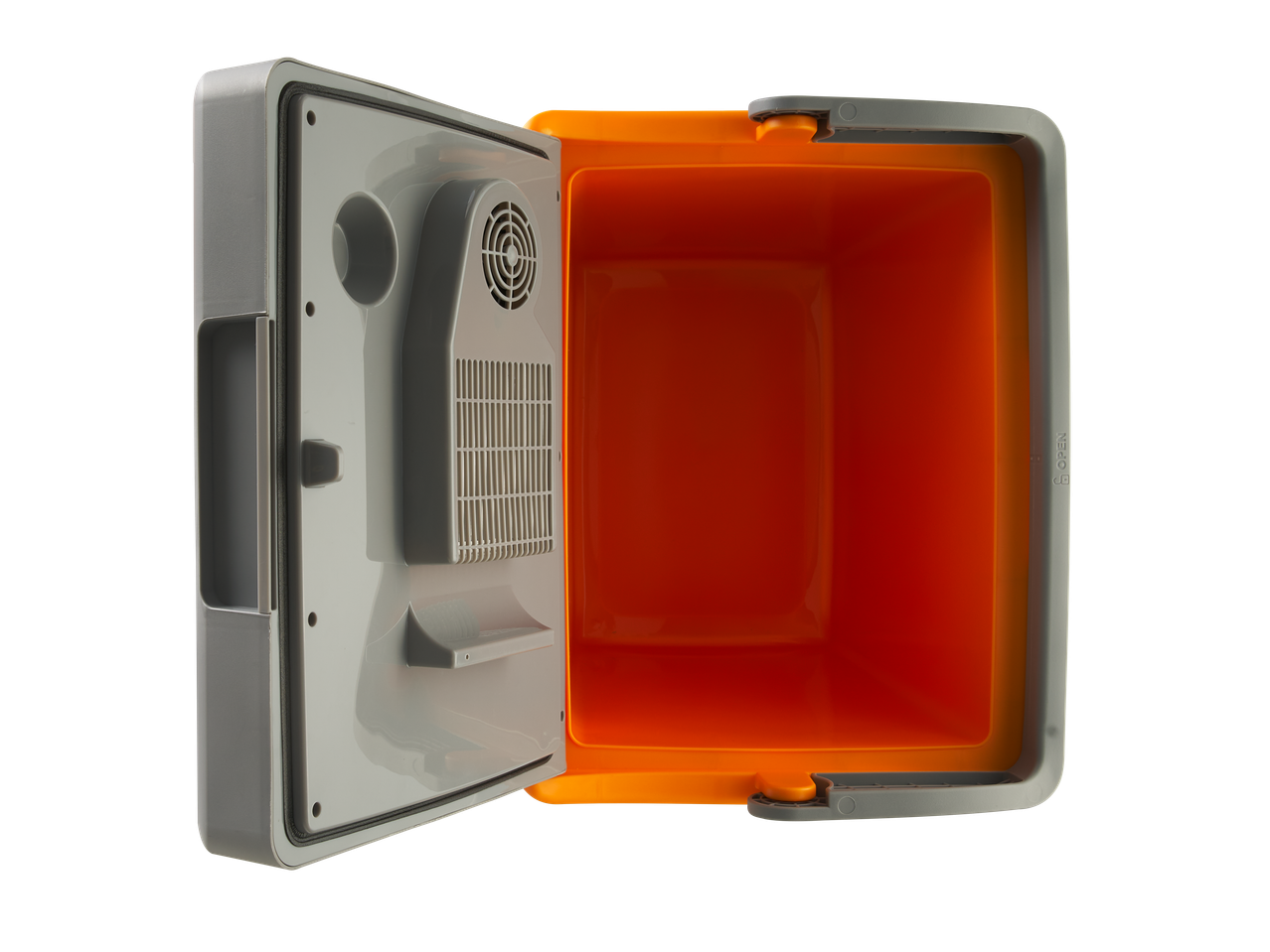 Prenosni frižider LIVARNO HOME sa otvorenim poklopcem, prikazuje narandžastu unutrašnjost i mehanizam za hlađenje.