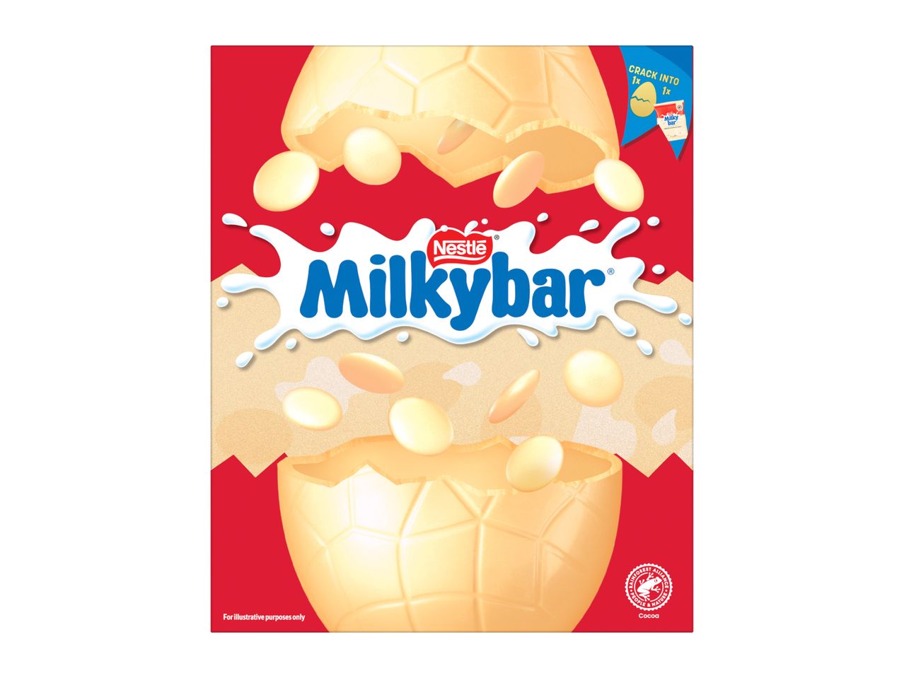 Milkybar white chocolate Easter egg with white chocolate buttons and milk splash design.