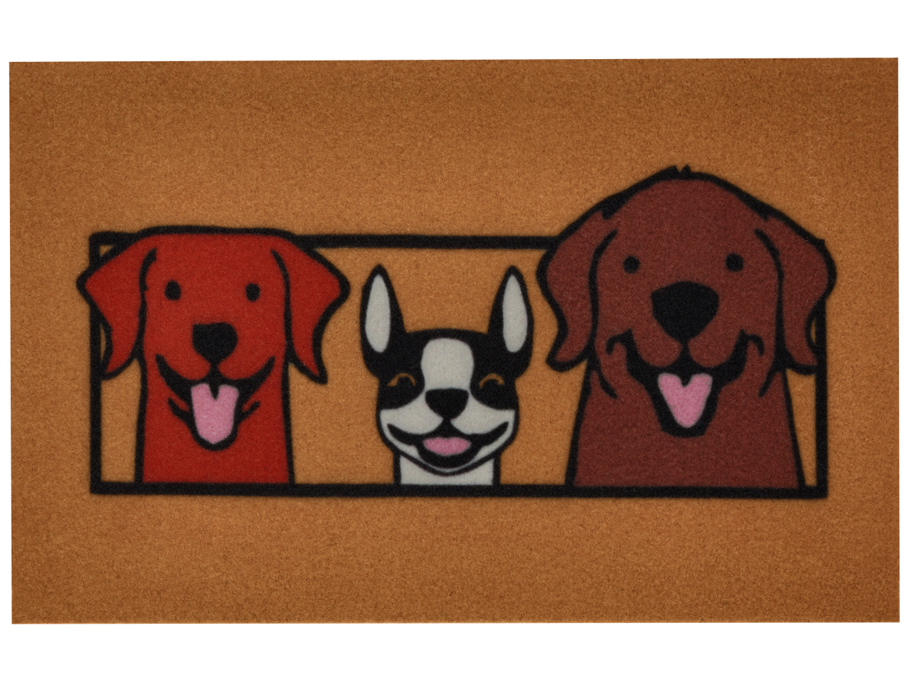 Paillasson marron avec trois chiens souriants : un rouge, un Boston Terrier et un marron.