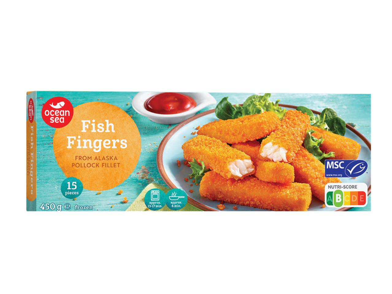 Pakovanje Ocean Sea ribljih štapića od aljaske pollock ribe, 450g, 15 komada, sa Nutri-Score A.