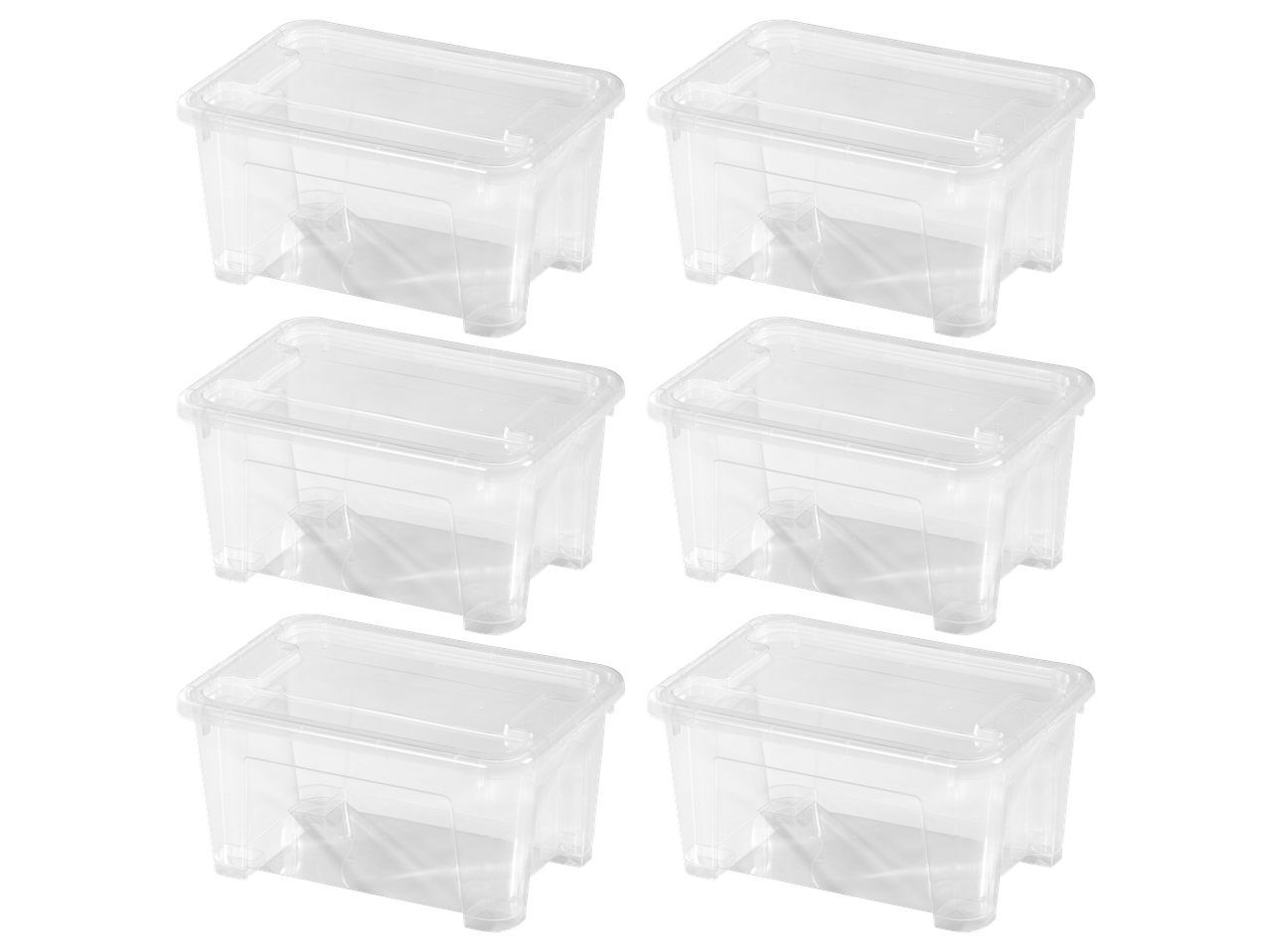 Șase cutii de depozitare transparente, stivuibile, cu capace, pe fundal negru.