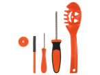 Halloween pumpkin carving kit with various tools on a black background.