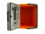 Open portable cooler with a gray exterior and a bright orange interior.