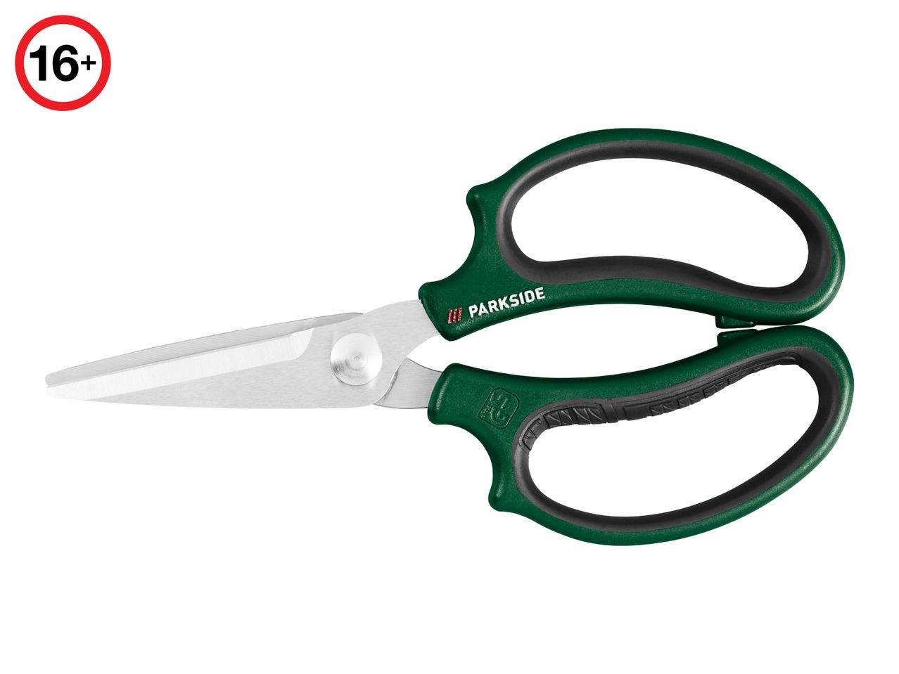 Green-handled garden shears with a 16+ age restriction symbol.