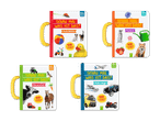 Vier Kinderbücher mit dem Titel 'Schau mal, was ist das?' zu den Themen erste Wörter, Farben, Bauernhof und Fahrzeuge.