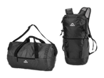 Zwei schwarze Taschen: eine Sporttasche und ein Rucksack mit Crivit-Logo.