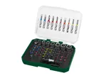 Open tool case with a variety of screwdriver bits, sockets, and a bit holder.