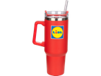 Red Lidl tumbler with straw.