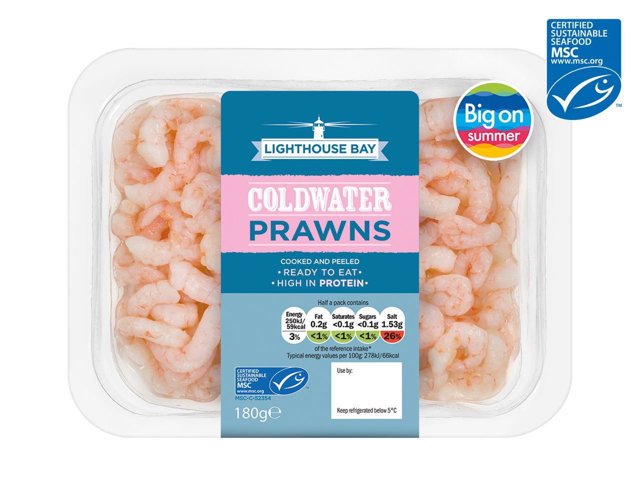 Lighthouse Bay Coldwater Prawns: ready to eat, high in protein.