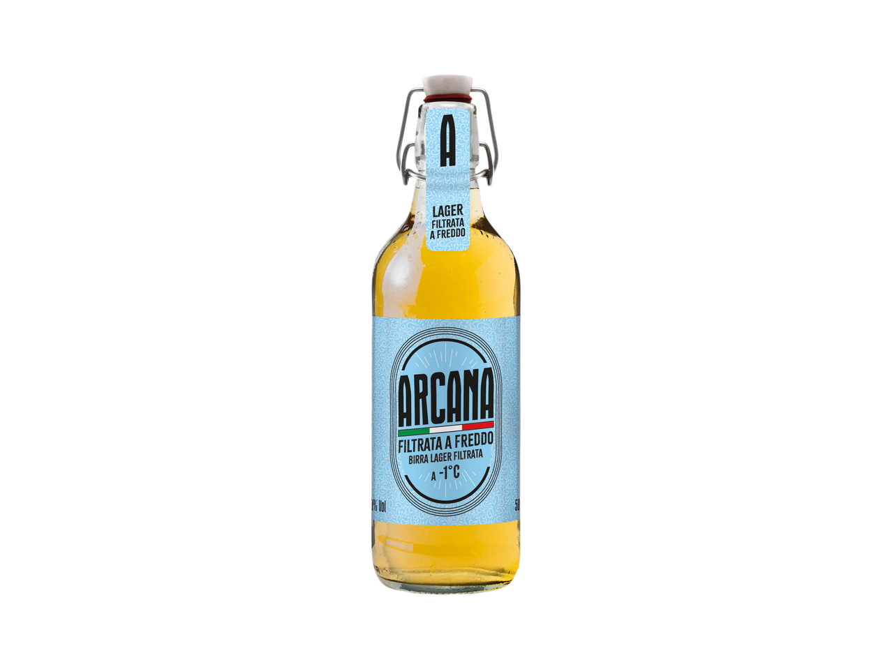 Una bottiglia di birra lager Arcana filtrata a freddo con tappo meccanico.