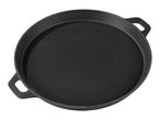 Round cast iron skillet with two handles, top view.