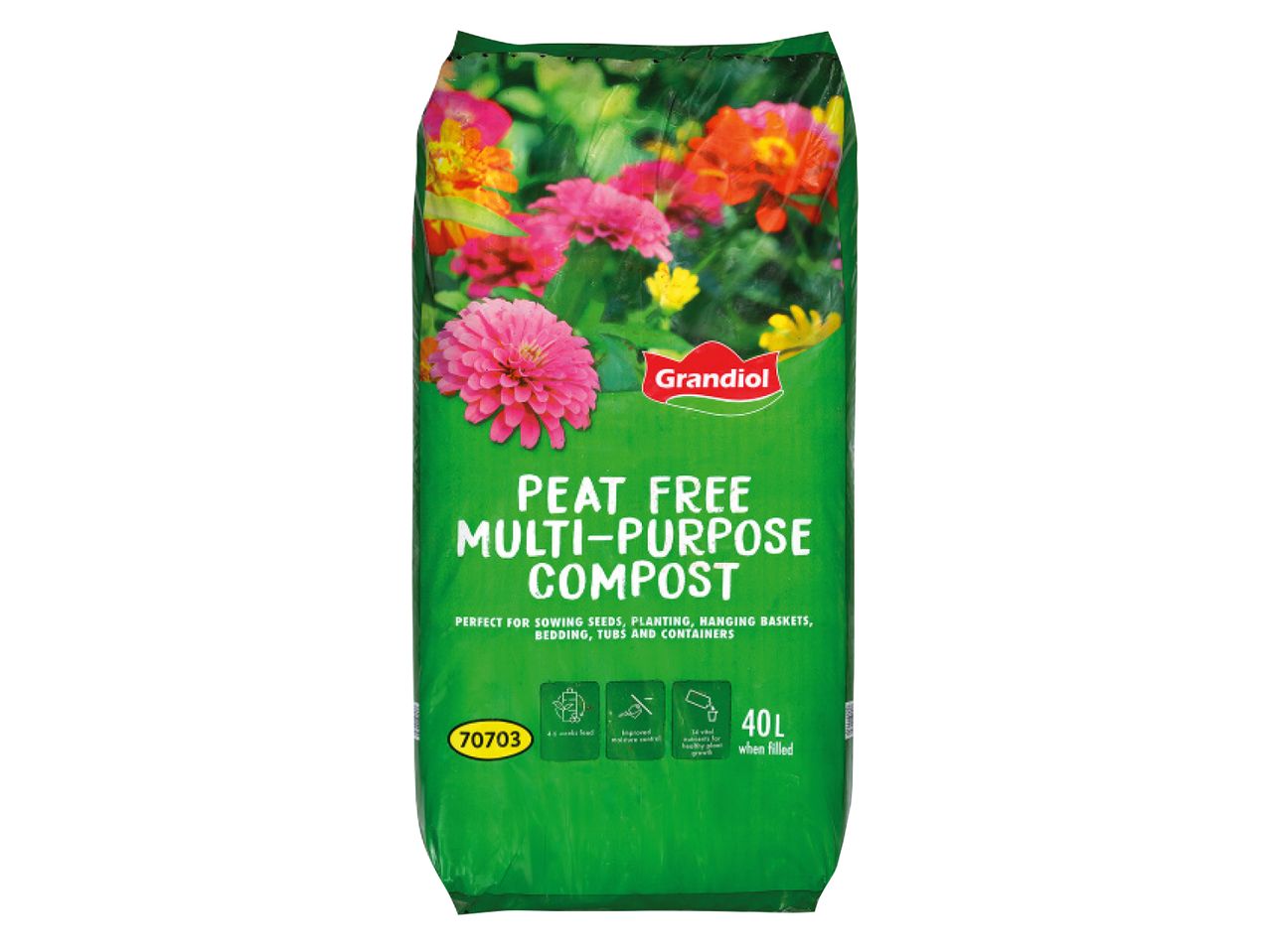 A bag of peat-free multi-purpose compost, 40L, for sowing seeds, planting, and containers.