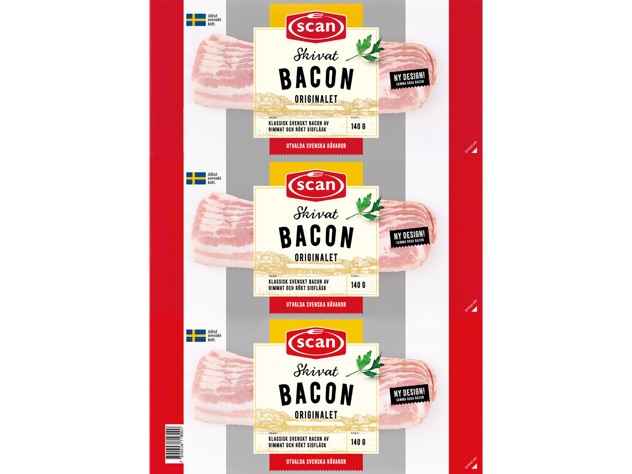 Tre Scan-förpackningar med skivat bacon, originalet.