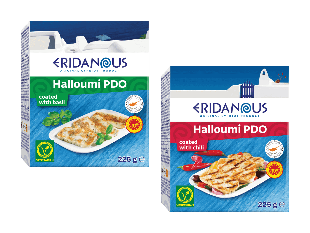 Due confezioni di halloumi cipriota, una al basilico e una al peperoncino, 225g ciascuna.