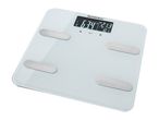 White smart scale displaying weight, BMI, and body fat percentage