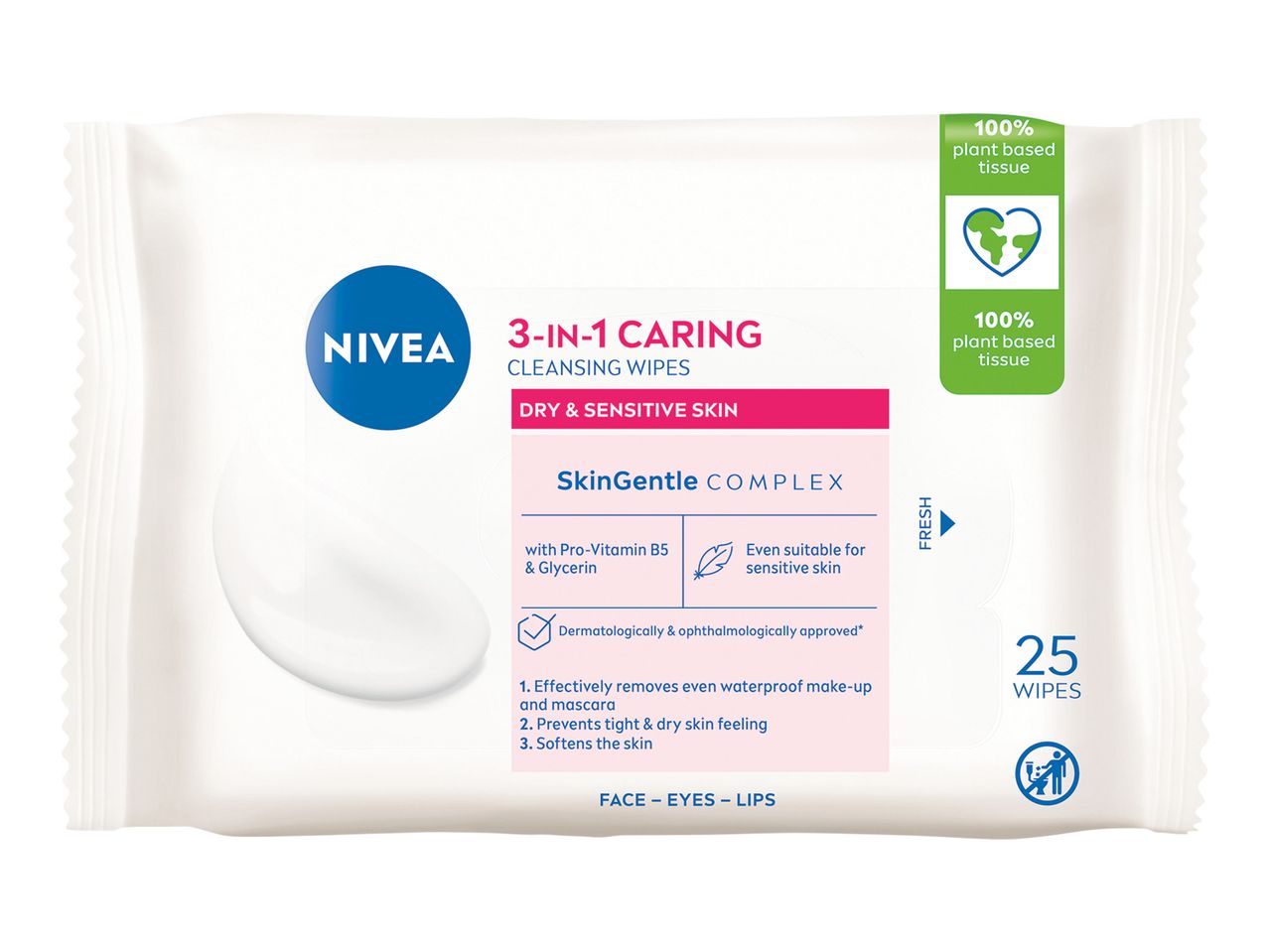 Pachet de șervețele demachiante 3-în-1 pentru ten uscat și sensibil, cu 25 de șervețele din țesătură 100% vegetală.