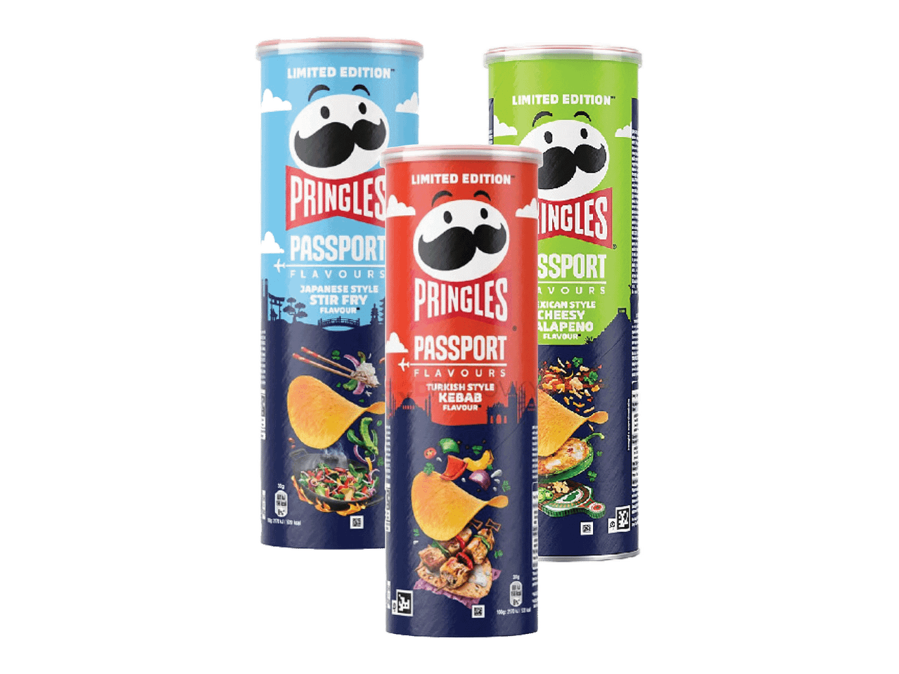 Trys „Pringles Passport“ traškučių pakuotės: japoniško stiliaus „Stir Fry“, turkiško stiliaus „Kebab“ ir meksikietiško stiliaus „Cheesy Jalapeno“.