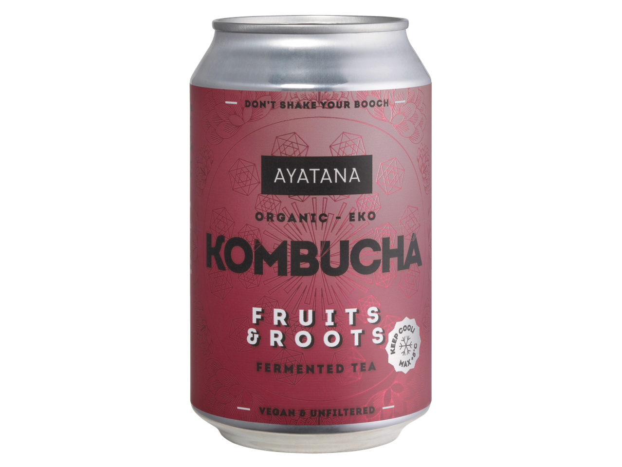 Ayatana organski kombucha, fermentiran čaj s sadjem in koreninami.