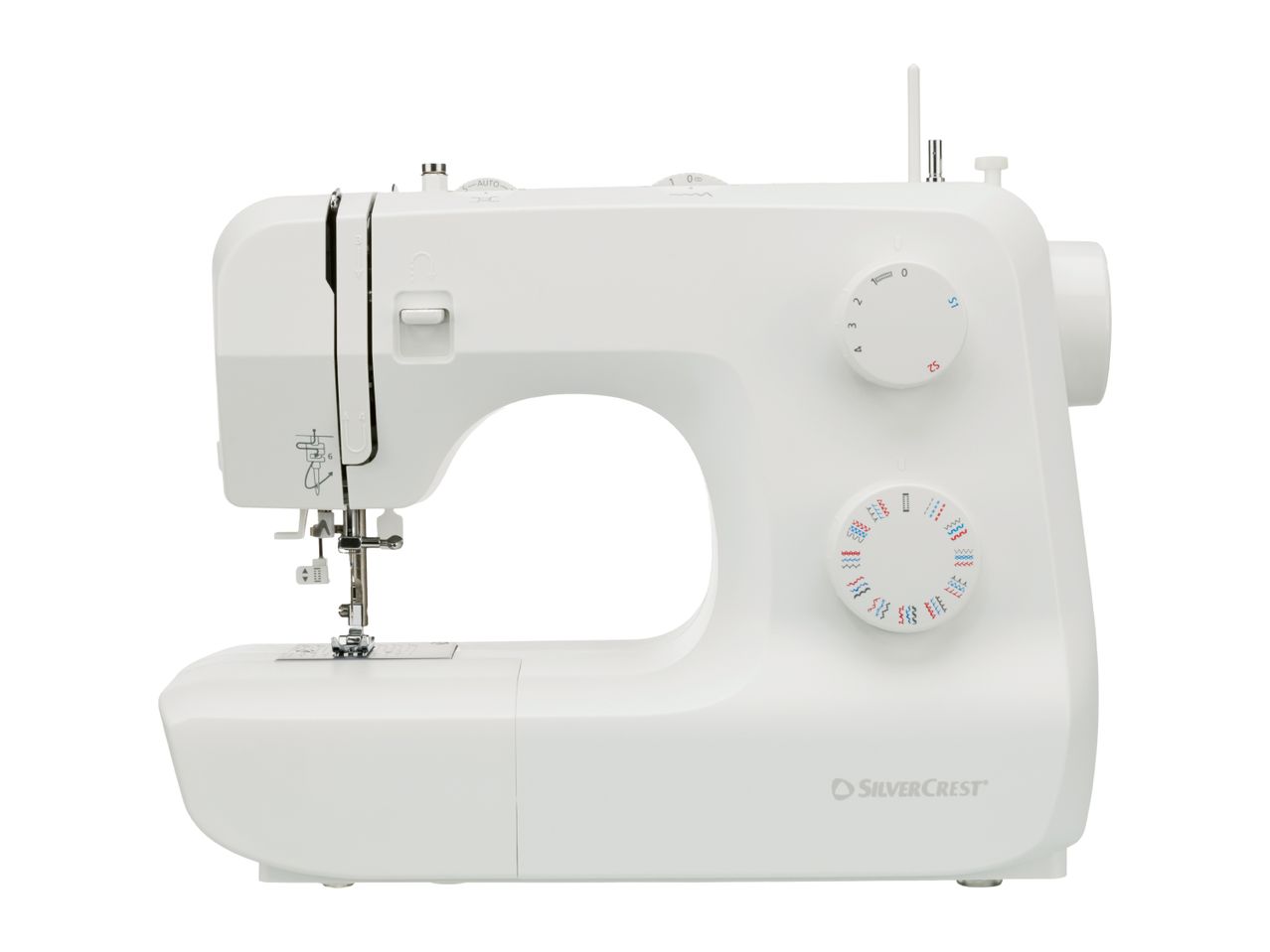 White sewing machine with stitch selection dials