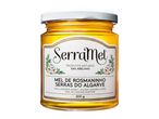 Jar of rosemary honey with a white label featuring floral illustrations and product details.