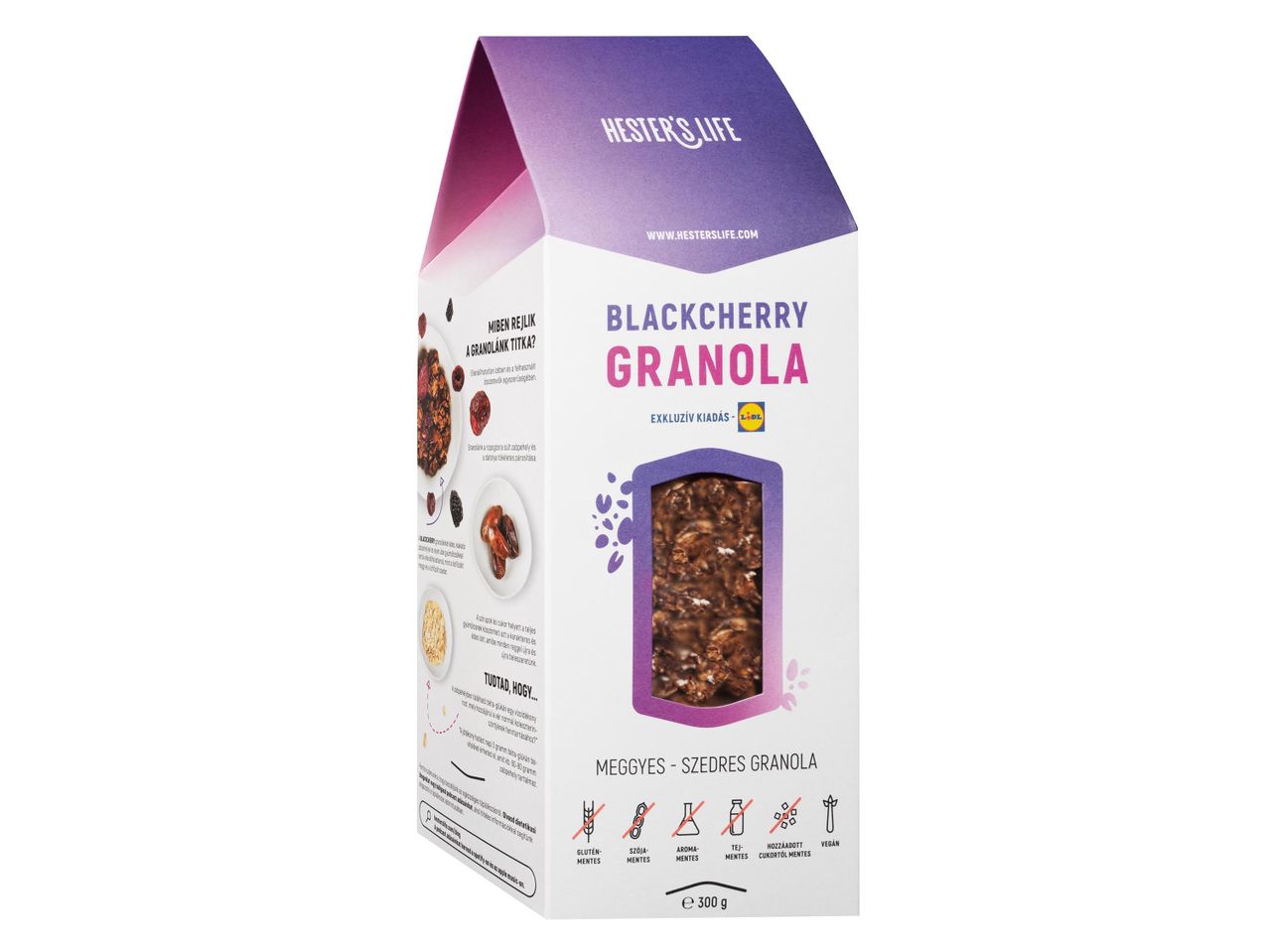 Hester's Life feketeáfonyás granola, Lidl márka: vegán gluténmentes granola.