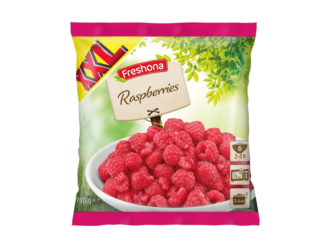 Freshona Raspberries frozen fruit bag, 750g, with defrosting and cooking instructions.