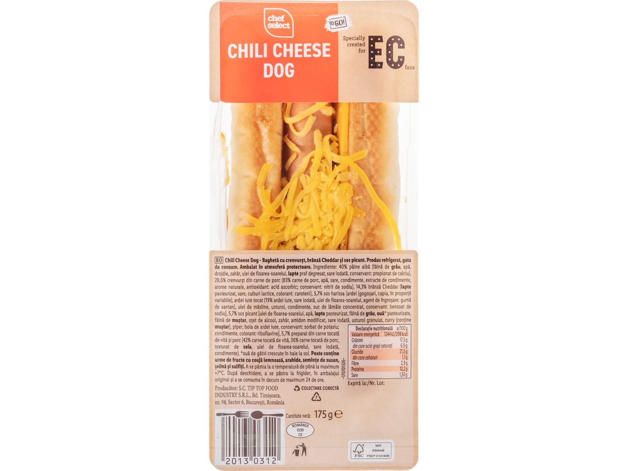 Chef Select Chilli Cheese Dog: hot dog cu brânză Cheddar și sos picant, ambalat individual.