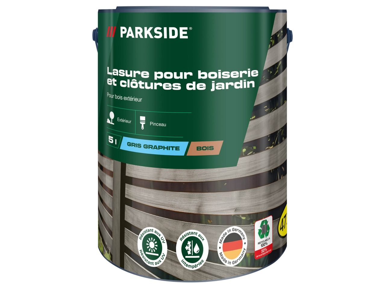 Pot de lasure Parkside pour boiseries et clôtures de jardin, couleur gris graphite.