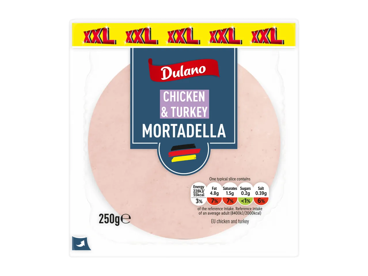 XXL Chicken & Turkey Mortadella, 250g, with nutritional information.