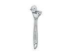 A silver adjustable wrench with a long handle.