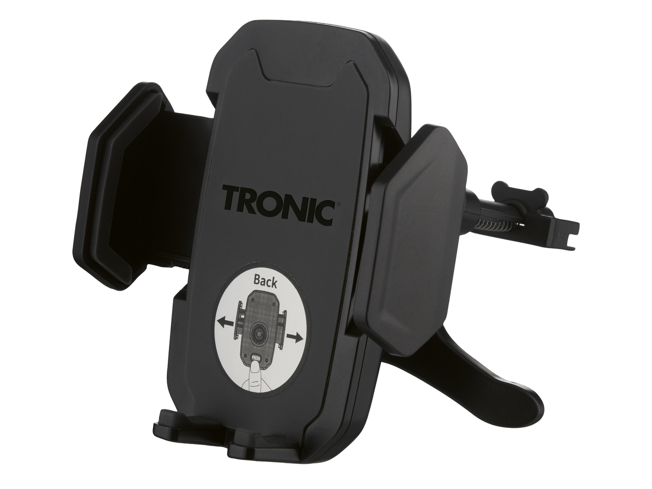 Черен държач за телефон за кола с надпис „TRONIC“ и инструкции за употреба